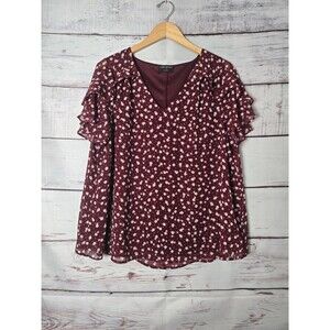 Lane Bryant Womens Top Size 16 Burgundy Polka Dot V-Neck Ruffle Flutter Sleeve